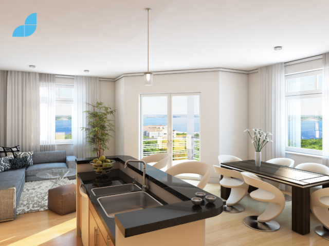 a 3D rendering image of an open plan apartment design. 