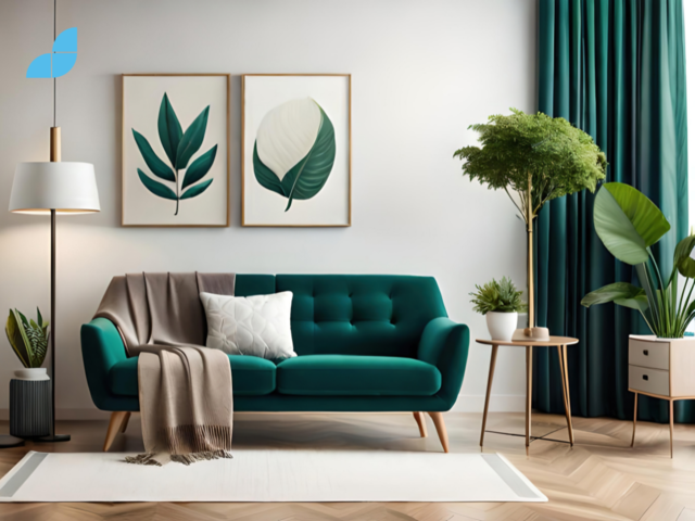 Warm and Cozy Composition of spring living room interior with mock-up poster frame, wooden sideboard, white sofa, green stand, base with leaves, plants, and stylish lamp,